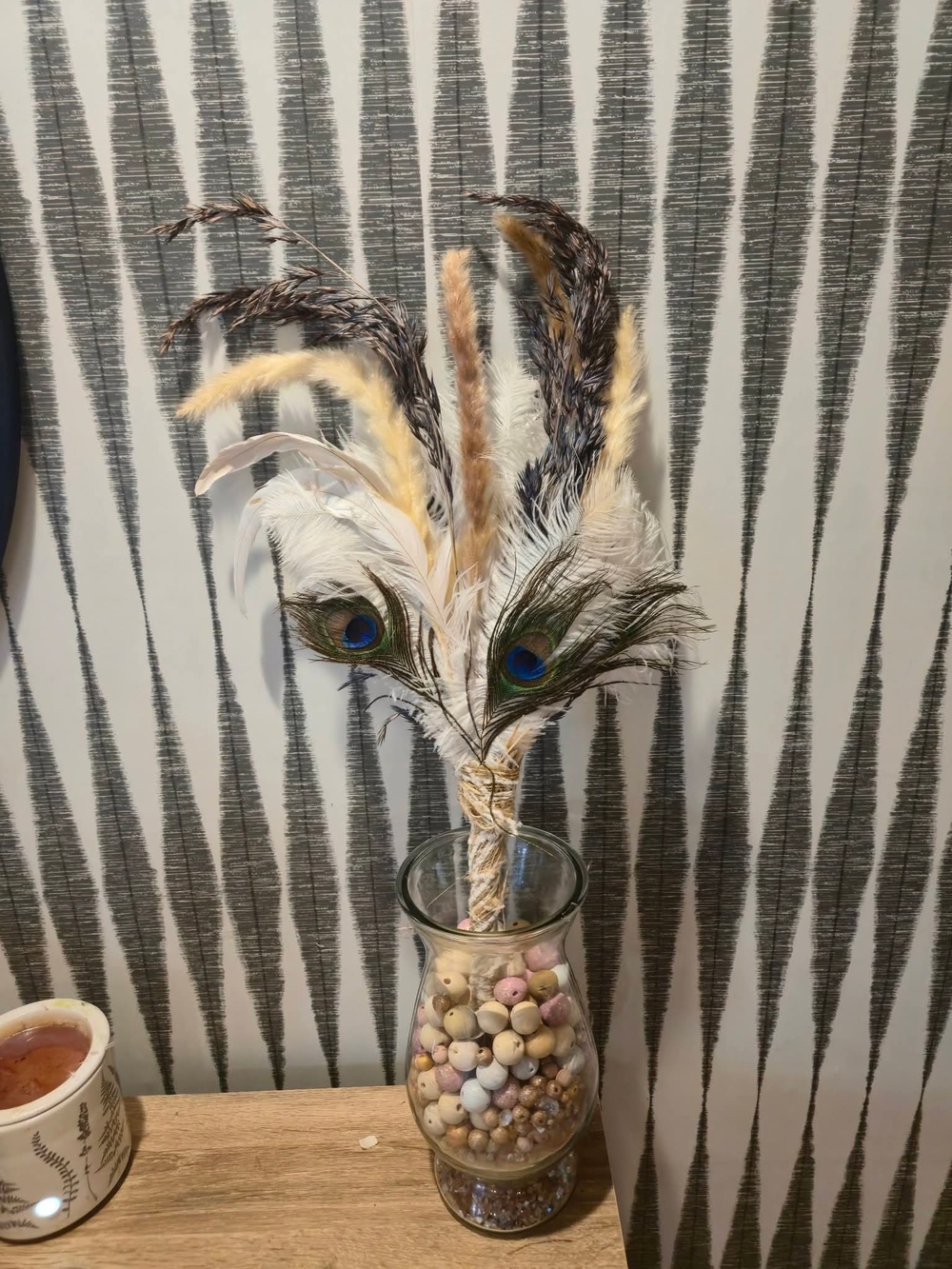 Boho Feather & Peacock Feather Floral Pick Neutral Rustic Home Decor Accent